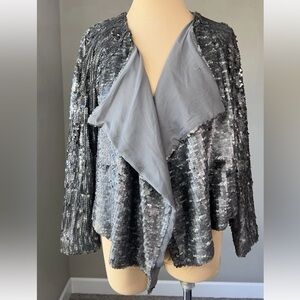 Anthropologie Free People Gun Metal Silver Shinny Sequin Draped Jacket Blazer XS